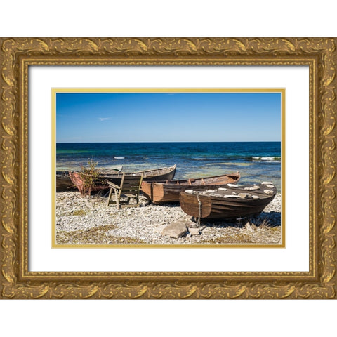 Sweden-Faro Island-Kursviken-coastal farmers fishing boats Gold Ornate Wood Framed Art Print with Double Matting by Bibikow, Walter