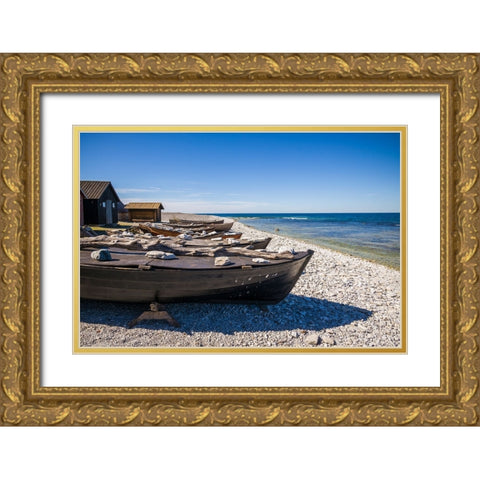 Sweden-Faro Island-Kursviken-coastal farmers fishing boats Gold Ornate Wood Framed Art Print with Double Matting by Bibikow, Walter