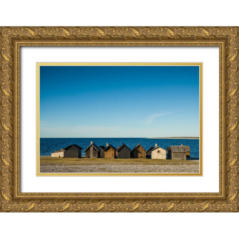 Sweden-Faro Island-Kursviken-coastal farmers fishing shacks-sunset Gold Ornate Wood Framed Art Print with Double Matting by Bibikow, Walter