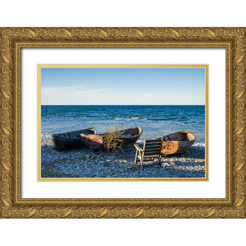 Sweden-Faro Island-Kursviken-coastal farmers fishing boats-sunset Gold Ornate Wood Framed Art Print with Double Matting by Bibikow, Walter