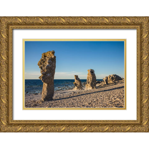 Sweden-Faro Island-Langhammars Area-Langhammar coastal limestone rauk rock-sunset Gold Ornate Wood Framed Art Print with Double Matting by Bibikow, Walter