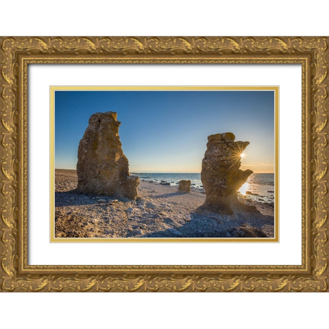 Sweden-Faro Island-Langhammars Area-Langhammar coastal limestone rauk rock-sunset Gold Ornate Wood Framed Art Print with Double Matting by Bibikow, Walter