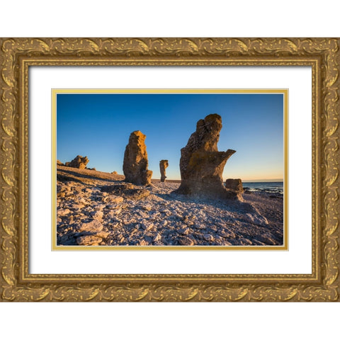 Sweden-Faro Island-Langhammars Area-Langhammar coastal limestone rauk rock-sunset Gold Ornate Wood Framed Art Print with Double Matting by Bibikow, Walter