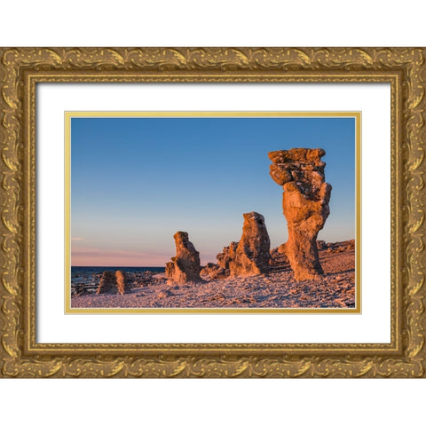 Sweden-Faro Island-Langhammars Area-Langhammar coastal limestone rauk rock-sunset Gold Ornate Wood Framed Art Print with Double Matting by Bibikow, Walter