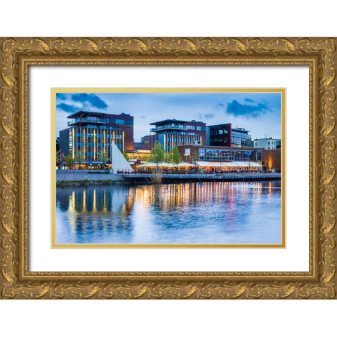 Sweden-Lake Vattern Area-Jonkoping-renovated harbor area along Munksjon Bay-dusk Gold Ornate Wood Framed Art Print with Double Matting by Bibikow, Walter