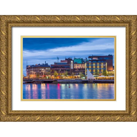 Sweden-Lake Vattern Area-Jonkoping-renovated harbor area along Munksjon Bay-dusk Gold Ornate Wood Framed Art Print with Double Matting by Bibikow, Walter