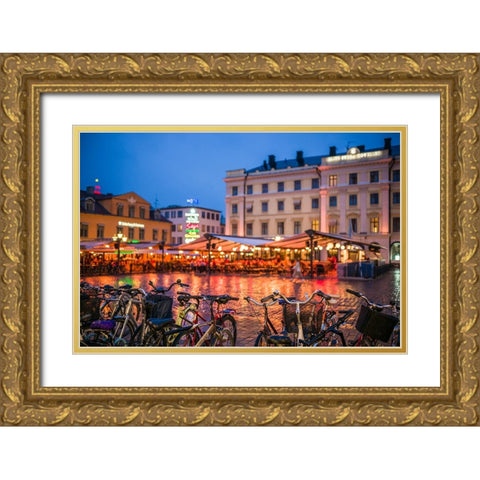 Sweden-Linkoping-cafes and bars on Stora target square-dusk Gold Ornate Wood Framed Art Print with Double Matting by Bibikow, Walter