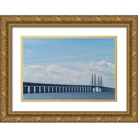 Sweden-Scania-Malmo-Oresund Bridge-longest cable-tied bridge in Europe-linking Sweden and Denmark Gold Ornate Wood Framed Art Print with Double Matting by Bibikow, Walter