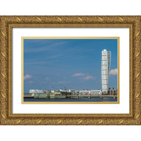 Sweden-Scania-Malmo-Turning Torso building-designed by architect Santiago Calatrava-2005 Gold Ornate Wood Framed Art Print with Double Matting by Bibikow, Walter