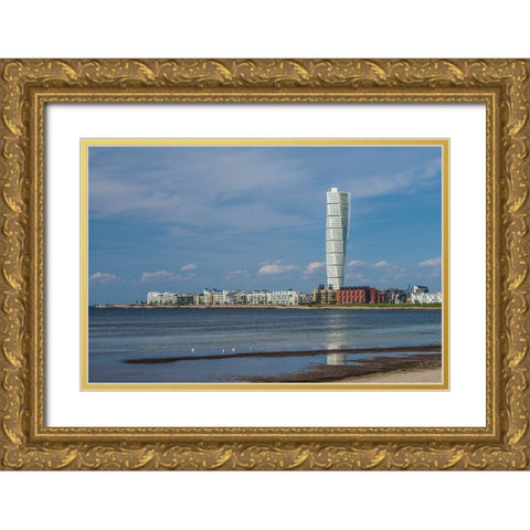 Sweden-Scania-Malmo-Turning Torso building-designed by architect Santiago Calatrava-2005 Gold Ornate Wood Framed Art Print with Double Matting by Bibikow, Walter