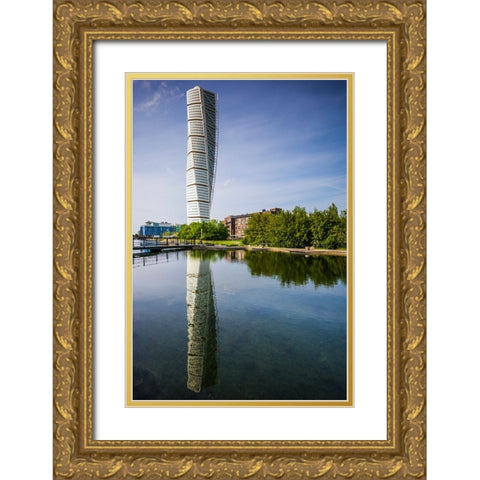 Sweden-Scania-Malmo-Turning Torso building-designed by architect Santiago Calatrava-2005 Gold Ornate Wood Framed Art Print with Double Matting by Bibikow, Walter