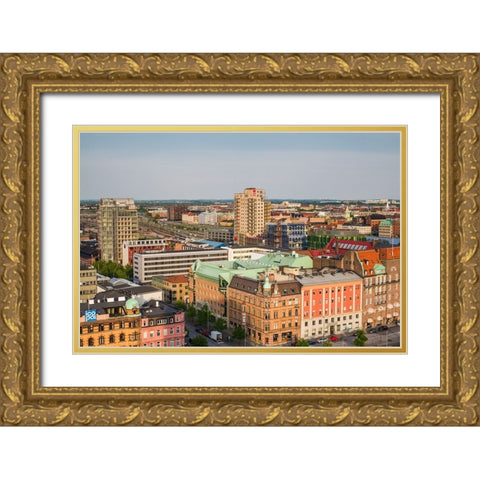 Sweden-Scania-Malmo-Inre Hamnen inner harbor-elevated skyline view Gold Ornate Wood Framed Art Print with Double Matting by Bibikow, Walter