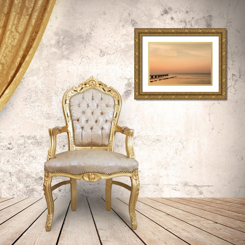 Sweden-Scania-Malmo-Riberborgs Stranden beach area-pier at sunset Gold Ornate Wood Framed Art Print with Double Matting by Bibikow, Walter