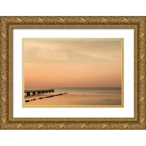Sweden-Scania-Malmo-Riberborgs Stranden beach area-pier at sunset Gold Ornate Wood Framed Art Print with Double Matting by Bibikow, Walter