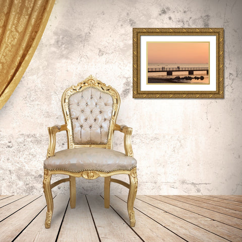 Sweden-Scania-Malmo-Riberborgs Stranden beach area-pier at sunset Gold Ornate Wood Framed Art Print with Double Matting by Bibikow, Walter