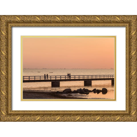 Sweden-Scania-Malmo-Riberborgs Stranden beach area-pier at sunset Gold Ornate Wood Framed Art Print with Double Matting by Bibikow, Walter