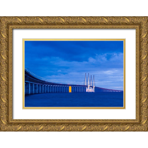 Sweden-Scania-Malmo-Oresund Bridge-longest cable-tied bridge in Europe-linking Sweden and Denmark-d Gold Ornate Wood Framed Art Print with Double Matting by Bibikow, Walter