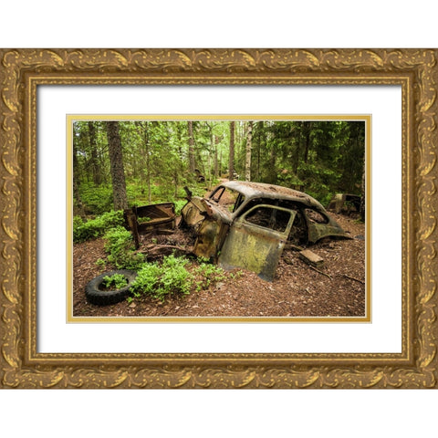 Sweden-Smaland-Ryd-Kyrko Mosse Car Cemetery-former junkyard now pubic park-junked cars Gold Ornate Wood Framed Art Print with Double Matting by Bibikow, Walter