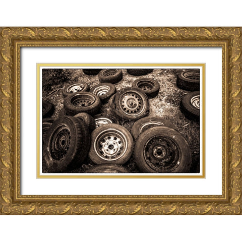 Sweden-Smaland-Ryd-Kyrko Mosse Car Cemetery-former junkyard now pubic park-old tires Gold Ornate Wood Framed Art Print with Double Matting by Bibikow, Walter