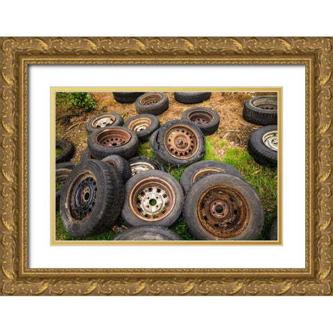 Sweden-Smaland-Ryd-Kyrko Mosse Car Cemetery-former junkyard now pubic park-old tires Gold Ornate Wood Framed Art Print with Double Matting by Bibikow, Walter