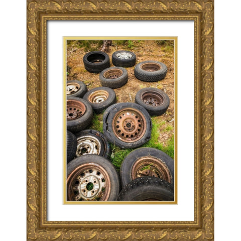 Sweden-Smaland-Ryd-Kyrko Mosse Car Cemetery-former junkyard now pubic park-old tires Gold Ornate Wood Framed Art Print with Double Matting by Bibikow, Walter
