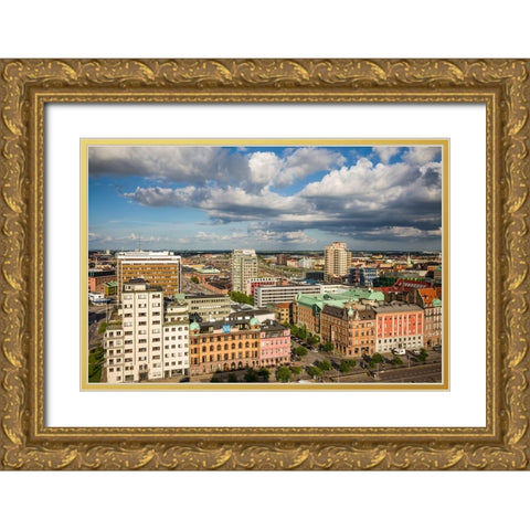 Sweden-Scania-Malmo-Inre Hamnen inner harbor-elevated skyline view Gold Ornate Wood Framed Art Print with Double Matting by Bibikow, Walter