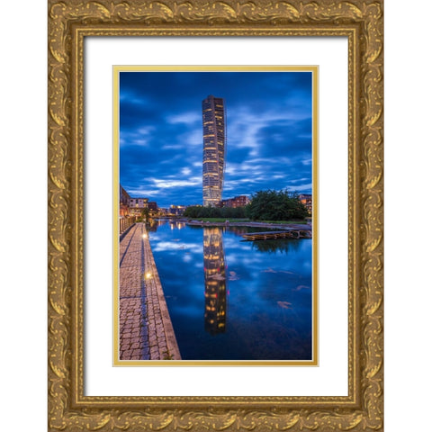 Sweden-Scania-Malmo-Turning Torso building-designed by architect Santiago Calatrava-2005-dusk Gold Ornate Wood Framed Art Print with Double Matting by Bibikow, Walter