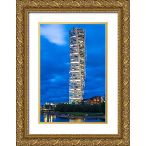 Sweden-Scania-Malmo-Turning Torso building-designed by architect Santiago Calatrava-2005-dusk Gold Ornate Wood Framed Art Print with Double Matting by Bibikow, Walter