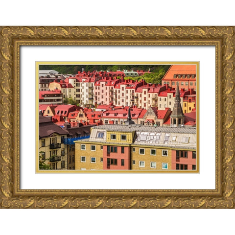 Sweden-Vastragotland and Bohuslan-Gothenburg-high angle city view from the Skansparken-morning Gold Ornate Wood Framed Art Print with Double Matting by Bibikow, Walter