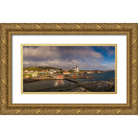 Sweden-Bohuslan-Tjorn Island-Skarhamn-town skyline with Skarhamn church-sunset Gold Ornate Wood Framed Art Print with Double Matting by Bibikow, Walter