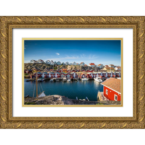 Sweden-Bohuslan-Smogen-Smogenbryggan-antique boat houses and fishing shacks Gold Ornate Wood Framed Art Print with Double Matting by Bibikow, Walter