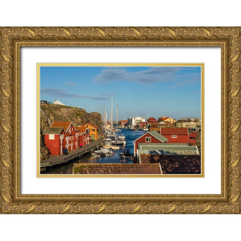 Sweden-Bohuslan-Smogen-Smogenbryggan-antique boat houses and fishing shacks Gold Ornate Wood Framed Art Print with Double Matting by Bibikow, Walter