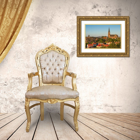 Sweden-Bohuslan-Lysekil-high angle view of the Lysekil church-sunset Gold Ornate Wood Framed Art Print with Double Matting by Bibikow, Walter