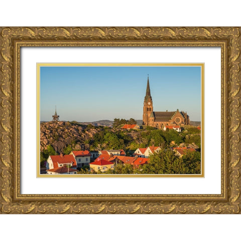 Sweden-Bohuslan-Lysekil-high angle view of the Lysekil church-sunset Gold Ornate Wood Framed Art Print with Double Matting by Bibikow, Walter