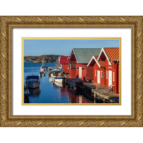 Sweden-Bohuslan-Kungshamn-red fishing shacks in the Fisketangen-old fishermans neighborhood Gold Ornate Wood Framed Art Print with Double Matting by Bibikow, Walter