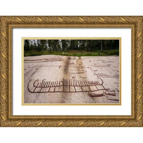 Sweden-Bohuslan-Tanumshede-Bronze Age carving detail of the Tanum area Gold Ornate Wood Framed Art Print with Double Matting by Bibikow, Walter