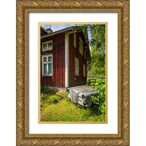 Sweden-Varmland-Bastnas-Bastnas Car Cemetery public park-antique car junkyard Gold Ornate Wood Framed Art Print with Double Matting by Bibikow, Walter