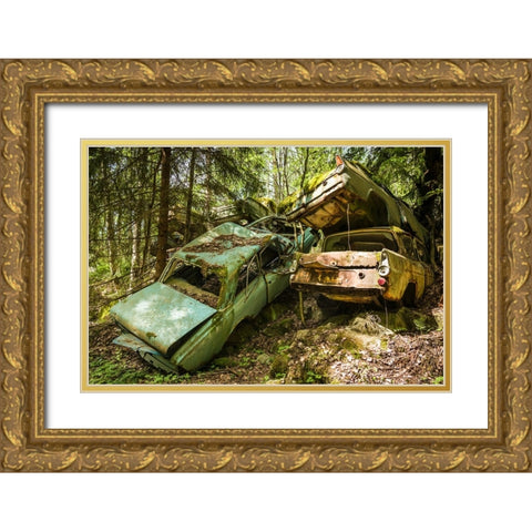 Sweden-Varmland-Bastnas-Bastnas Car Cemetery public park-antique car junkyard Gold Ornate Wood Framed Art Print with Double Matting by Bibikow, Walter