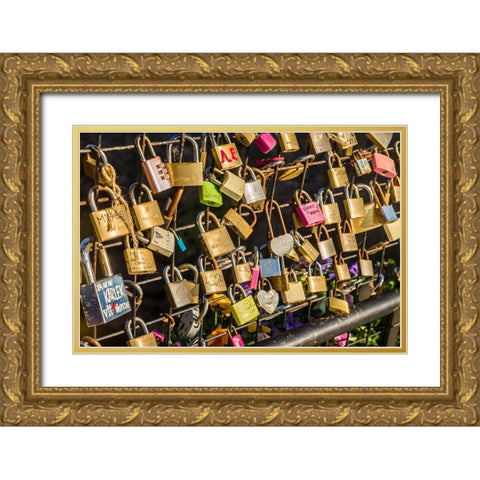 Sweden-Vastmanland-Vasteras-love locks on the Apotekarbron bridge-Old Town Gold Ornate Wood Framed Art Print with Double Matting by Bibikow, Walter