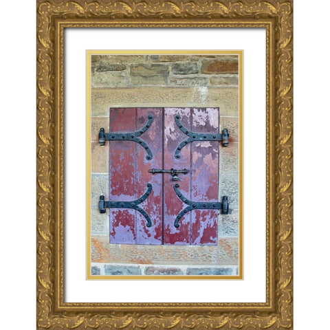 Doors with wrought iron hinges are found in an outdoor passageway at Cardiff Castle-Wales Gold Ornate Wood Framed Art Print with Double Matting by Ostrowitz, Mallorie