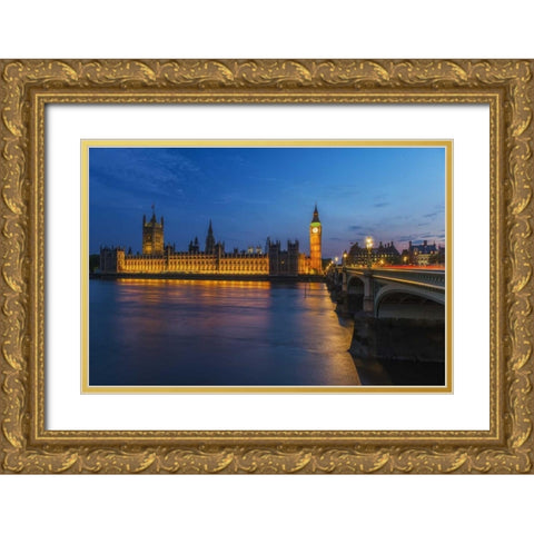 England, London Parliament and Bridge at dusk Gold Ornate Wood Framed Art Print with Double Matting by Kirkland, Dennis