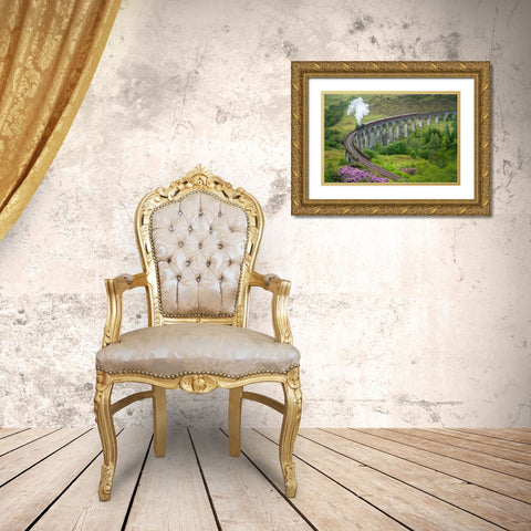 Scotland The Jacobite Train on elevated track Gold Ornate Wood Framed Art Print with Double Matting by Jaynes Gallery