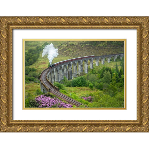 Scotland The Jacobite Train on elevated track Gold Ornate Wood Framed Art Print with Double Matting by Jaynes Gallery