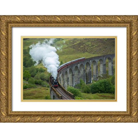 Scotland The Jacobite Train on elevated track Gold Ornate Wood Framed Art Print with Double Matting by Jaynes Gallery