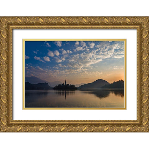 Slovenia Dawn over Lake Bled Gold Ornate Wood Framed Art Print with Double Matting by Tharp, Brenda