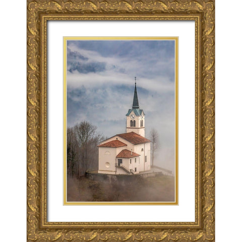 Slovenia-church on the hillside in Kobarid Gold Ornate Wood Framed Art Print with Double Matting by Looney, Hollice