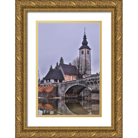 Slovenia-Upper Carniola-Ribcev Laz-Lake Bohinj-Church of St John the Baptist in early morning light Gold Ornate Wood Framed Art Print with Double Matting by Looney, Hollice