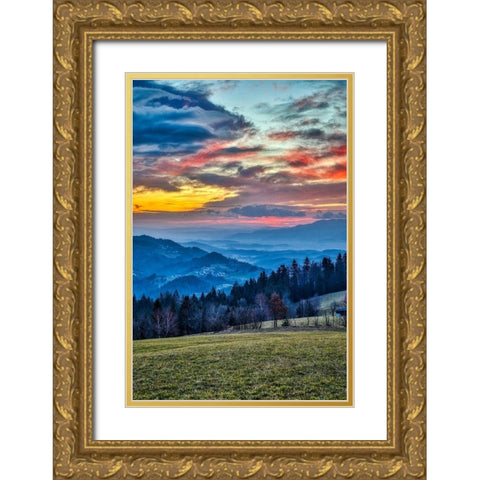 Slovenia-Poljane Sora Valley-hillside near Gorenja Vas in early morning light Gold Ornate Wood Framed Art Print with Double Matting by Looney, Hollice