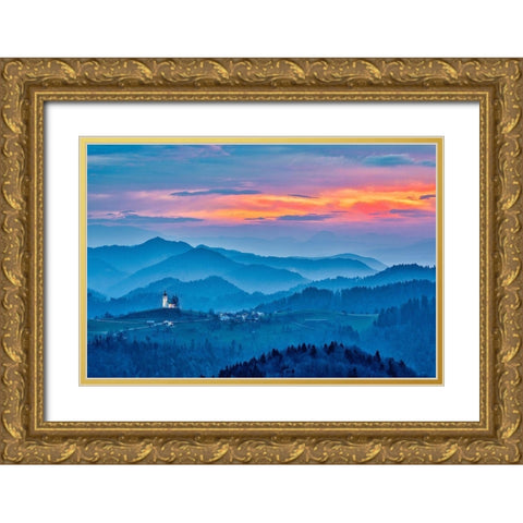 Slovenia-Poljane Sora Valley-hillside church near Gorenja Vas in early morning light Gold Ornate Wood Framed Art Print with Double Matting by Looney, Hollice