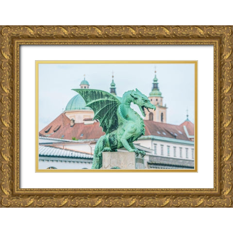Slovenia-Ljubljana-Dragon Bridge at dawn Gold Ornate Wood Framed Art Print with Double Matting by Tilley, Rob